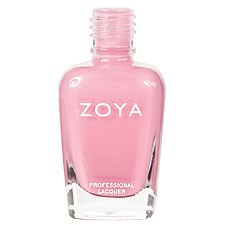 En rosa nagellackflaska märkt 'ZOYA Professional Lacquer'. Enkel design, klart glas, rosa vätska inuti.