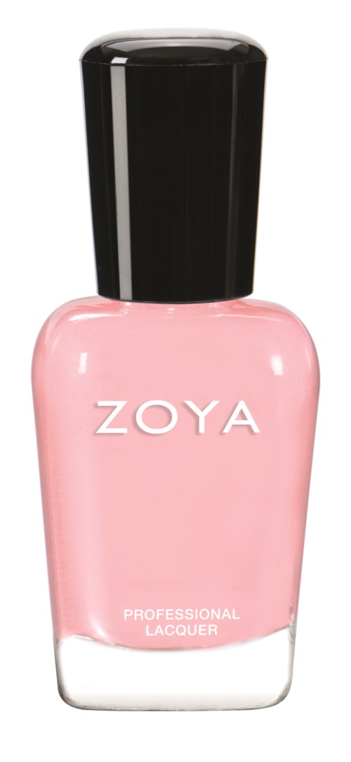 Nagellacksflaska i rosa med svart lock, märkt Zoya och professionell lack.