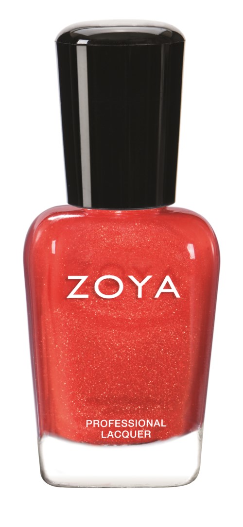 Röd nagellacksflaska med svart lock, märkt 'ZOYA' och 'PROFESSIONAL LACQUER'.