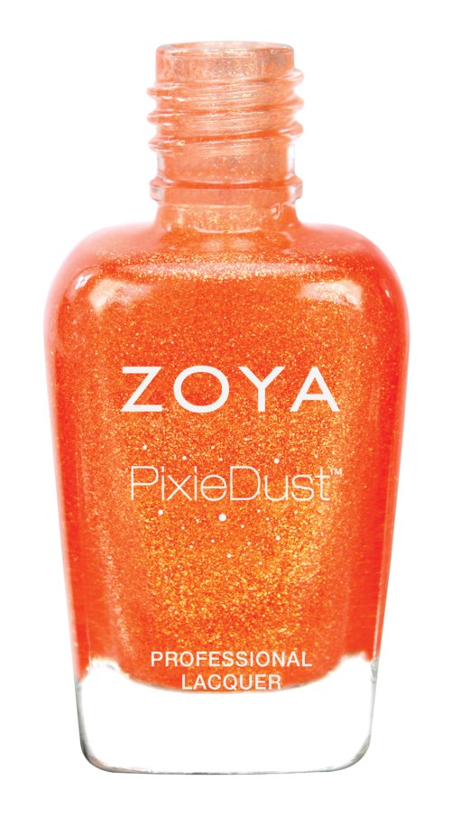 Orange nagellackflaska märkt ZOYA PixieDust, skimrande och glänsande finish.