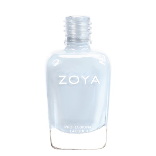 En klar flaska med Zoya professionell nagellack med ett silverlock.