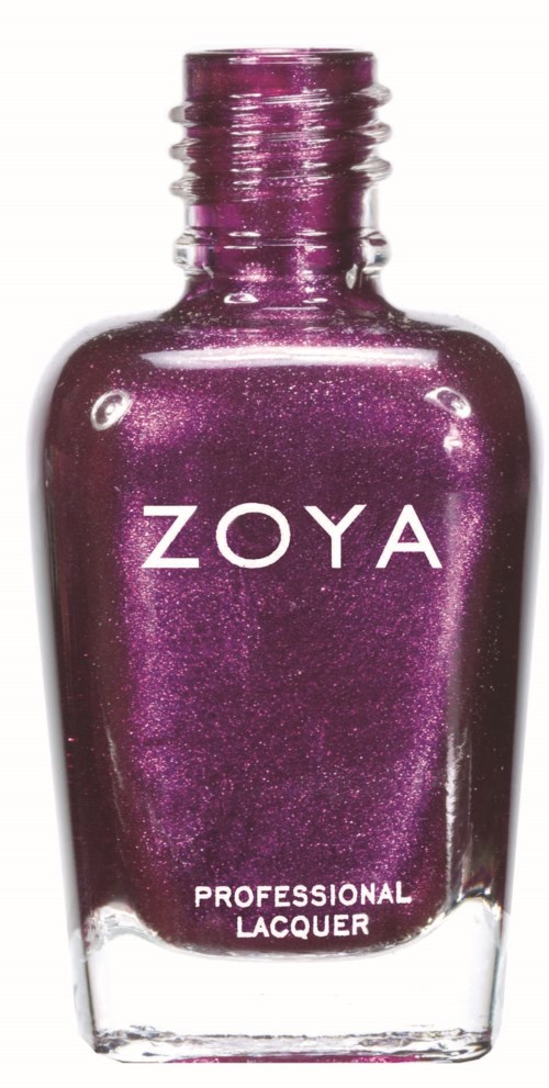 En lila, glänsande nagellackflaska märkt ZOYA och Professional Lacquer med rundad topp.