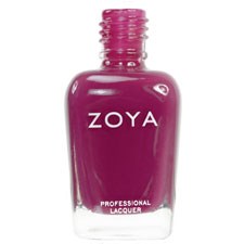 En flaska av Zoya professionell nagellack i lila färg med en klar botten och vit text.