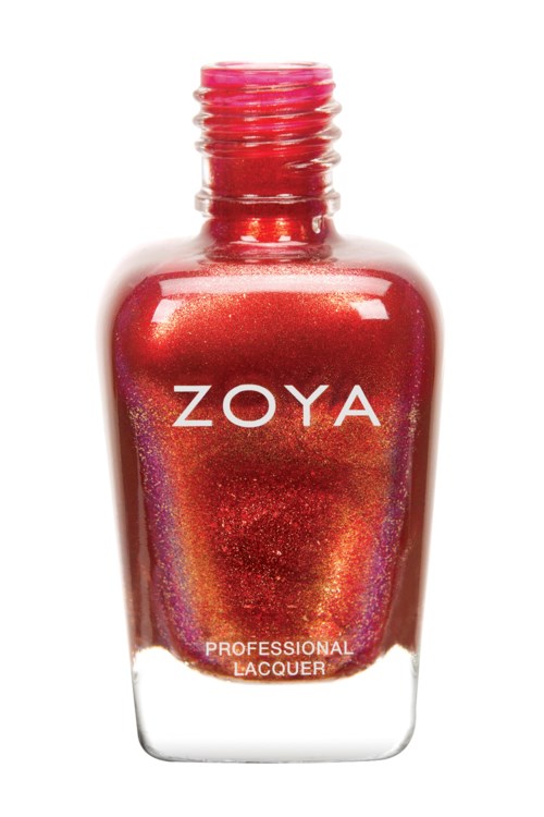 Röd nagellackflaska med holografiskt skimmer och vit text. Innehåller Zoya professionell lack.