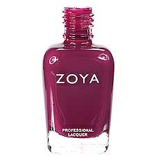 En flaska Zoya professionell nagellack i glansig lila färg med tydligt lock.