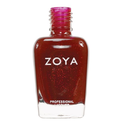 En röd nagellackflaska med en rosa kork, märkt 'ZOYA', och innehåller glitternagellack.