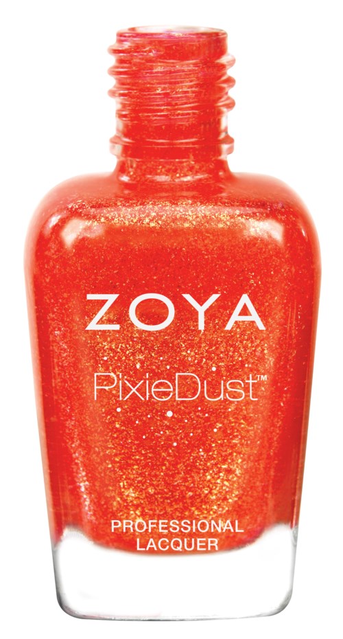 En röd nagellackflaska med guldglitter och vitt text, märkt ZOYA PixieDust, ser glänsande och ny ut.