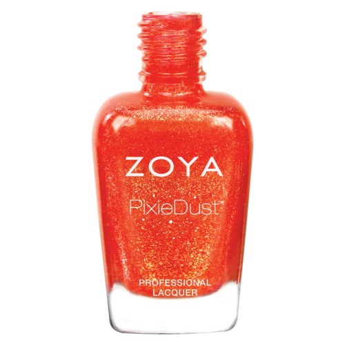 En röd nagellackflaska med märket 'ZOYA PixieDust' och en tydlig botten som visar glitter inuti.
