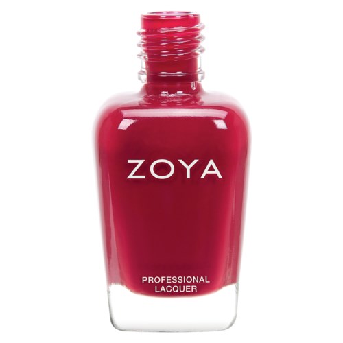 En röd nagellackflaska märkt 'ZOYA' med orden 'PROFESSIONAL LACQUER' längst ner.