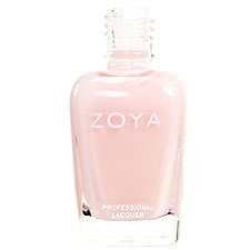 En flaska av Zoya rosa nagellack med vit flik. Flaskan är klar, visar nagellacksfärgen.