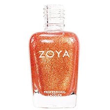 En tydlig flaska med orange nagellack märkt 'ZOYA' och 'Professional Lacquer' inuti.