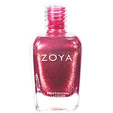 En flaska rosa glitternagellack märkt Zoya, med en klar glasbehållare och ett rosa lock.