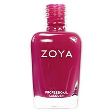 En ljusrosa Zoya nagellackflaska med vit logga och text, stående upprätt.
