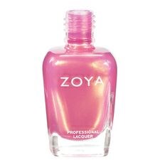 En rosa nagellacksflaska med klar botten, märkt 'ZOYA', för professionellt bruk.