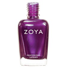 En lila flaska med Zoya professionell nagellack med en glänsande, kurvig form och ett silverlock.