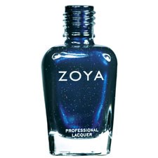 En blå flaska med Zoya professionell nagellack med svart skruvkork.