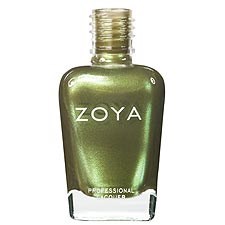 En grön nagellackflaska märkt "ZOYA" med enkel, tydlig form och silverkapsyl.