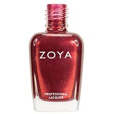 En röd nagellackflaska märkt Zoya, används för manikyr och skönhet. Den är glänsande och elegant.