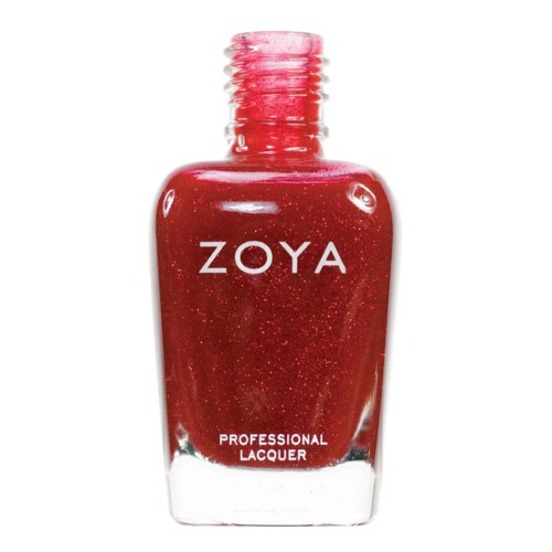 En röd nagellacksflaska med märket Zoya, visar glitter och lack inuti.