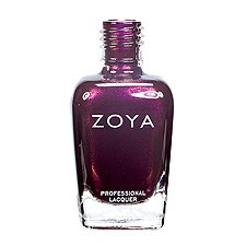 En lila nagellackflaska märkt ZOYA, med en klar glas-kropp och ett svart lock.