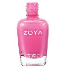 En rosa flaska av Zoya professionell nagellack med en tydlig, rundad botten och rosa hatt.