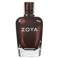 En mörkröd nagellackflaska märkt ZOYA Professional Lacquer, med svart kork och klart glas som visar färgen.