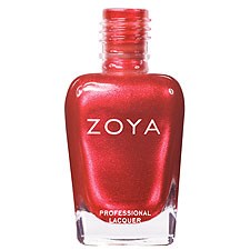 En röd nagellackflaska märkt 'ZOYA' med en klar kork, visar en glänsande, metallic finish.