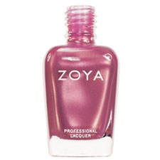En flaska med Zoya nagellack i lila färg med genomskinlig kork, märkt 'Professional Lacquer'.