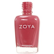 En flaska rosa nagellack från Zoya med enkel etikett och tydligt lock.