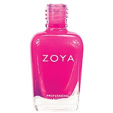 En ljusrosa nagellackflaska märkt 'ZOYA'. Den har en genomskinlig botten och ett rosa lock.