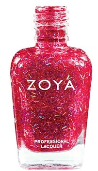 En flaska Zoya professionell nagellack i ljus, glittrig rosa färg.