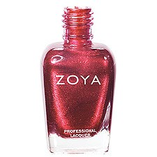 En rosa glitternagellackflaska märkt Zoya, professionell lack, med ett tydligt lock.