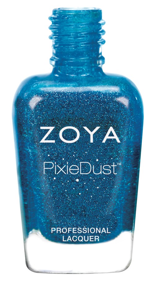 En blå nagellackflaska märkt ZOYA PixieDust, med ett glittrande, texturerat utseende.