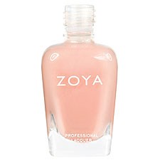 En rosa nagellackflaska med klar glasbas och vitt lock, märkt 'ZOYA'.