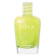 En flaska Zoya professionell nagellack i ljusgulgrön med glitter inuti.
