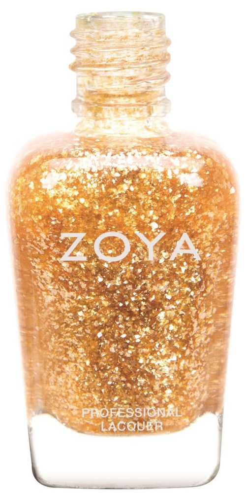 En flaska med guldig nagellack med glitter, märkt 'ZOYA'.