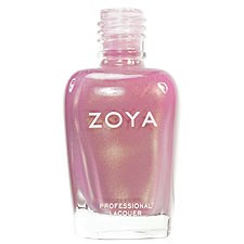 En rosa flaska av Zoya nagellack med etiketten 'Professional'. Den är av klart glas med en rund form och ett rosa lock.