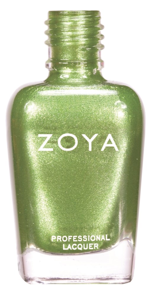 En grön flaska Zoya professionell nagellack med glittrig, glänsande yta.