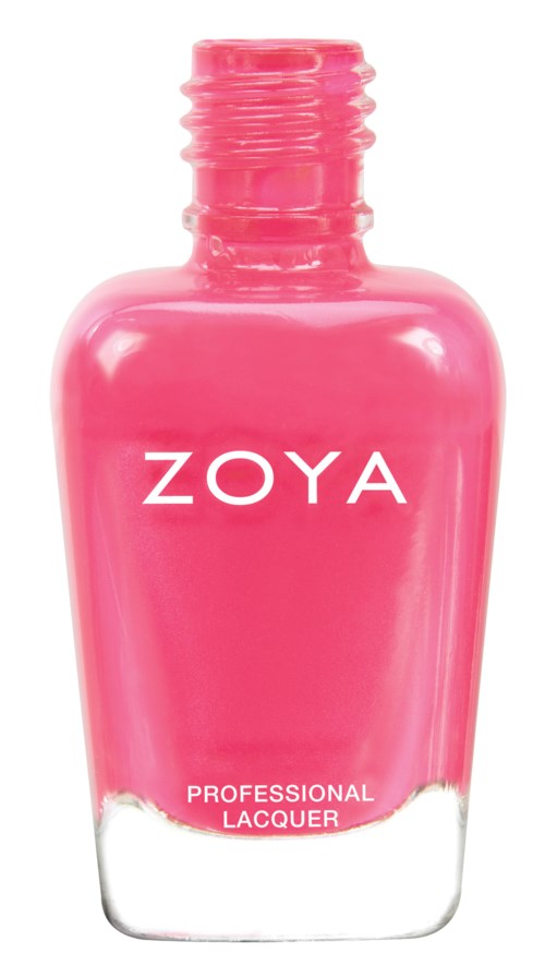En rosa nagellackflaska märkt 'ZOYA' med ett silverlock. Det är en professionell lack.
