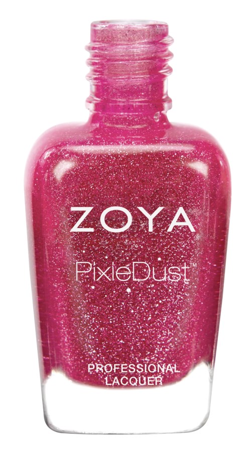 Liten rosa nagellackflaska med glitter, märkt Zoya PixieDust, för professionella naglar.