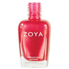 En ljusrosa nagellackflaska med vitt text som säger 'ZOYA' och 'professional lacquer' under.