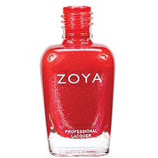 Röd nagellackflaska märkt Zoya, med en glansig, slät yta och ett skruvlås. Modern och professionell design.