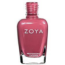 Pink Zoya nagellackflaska med silverlock, märkt 'Zoya' och 'Professional Lacquer' längst ner.