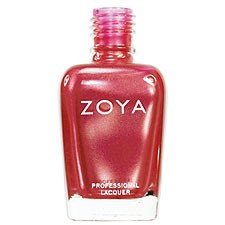En röd nagellackflaska med rosa lock, visar märket Zoya, används för naglar.