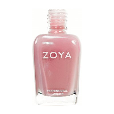 En rosa nagellackflaska märkt Zoya, med öppen lock och klart glas som visar färgen.
