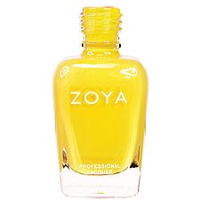 En gul flaska märk ZOYA med lock på toppen, troligen nagellack.