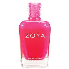 Rosa nagellackflaska med märket Zoya och professionell etikett. Transparent lock upptill.