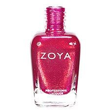 En rosa nagellackflaska med varumärket 'ZOYA' och glittrig design inuti. Det är en professionell produkt.