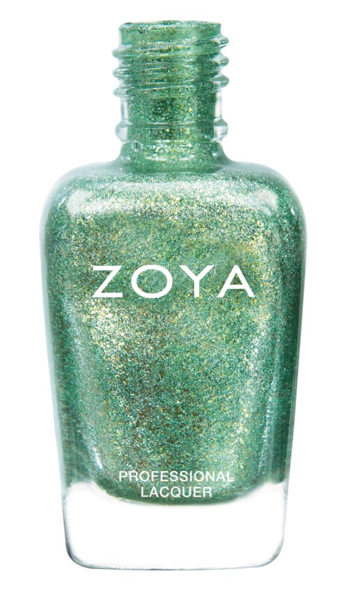 Grönt glitternagellack i flaska med märket Zoya och ordet Professional Lacquer.
