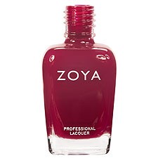 Röd nagellackflaska med etiketten 'ZOYA' och 'PROFESSIONAL LACQUER'.
